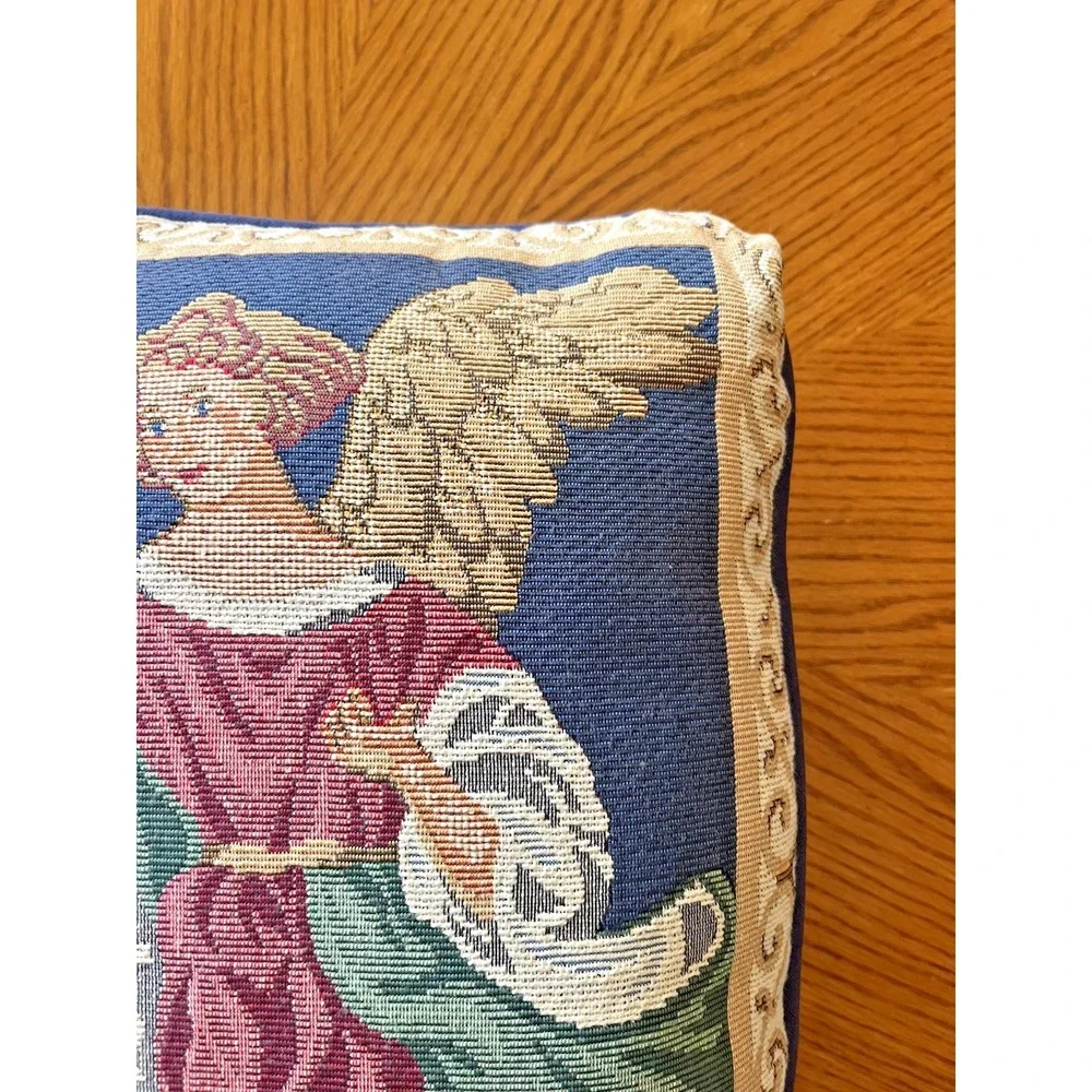 Tapestry Angel Throw Pillow Christmas Holiday Decor Blue Gold Vintage 15